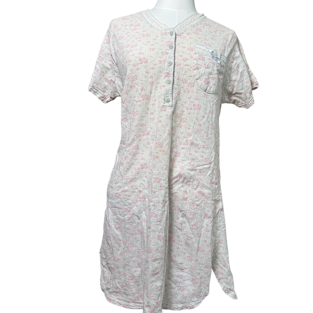 Delicates Vintage Pink Floral Pointelle Knit Nightgown Short Sleeve Lace Trim‎ S